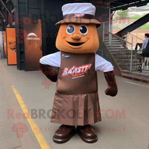 Rust Chocolate Bar mascot costume character dressed with a A-Line Skirt and Caps