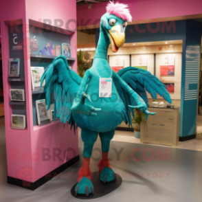 Turquoise Flamingo mascot costume character dressed with a Graphic Tee and Anklets