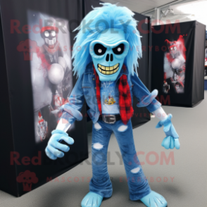 Sky Blue Undead mascot costume character dressed with a Bootcut Jeans and Headbands