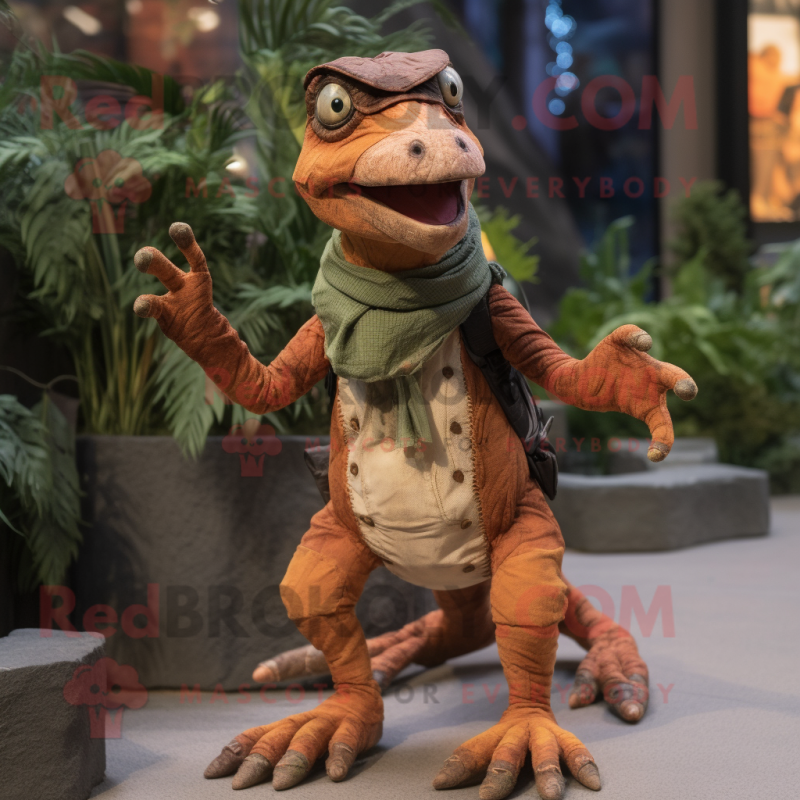 Rust Coelophysis mascot costume character dressed with a Wrap Skirt and Mittens