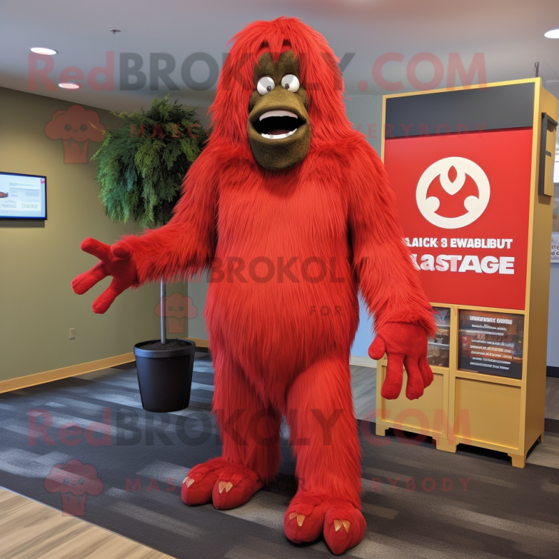 Red Sasquatch mascot costume character dressed with a Wrap Dress and Suspenders