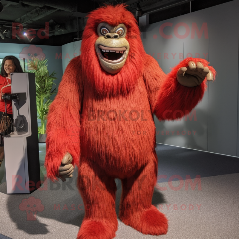 Red Sasquatch mascot costume character dressed with a Wrap Dress and Suspenders