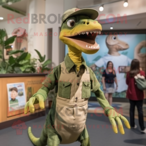 Olive Coelophysis mascot costume character dressed with a Dungarees and Hats