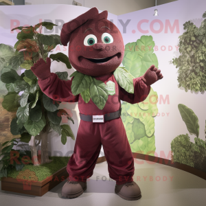 Maroon Beanstalk mascot costume character dressed with a Sweatshirt and Suspenders