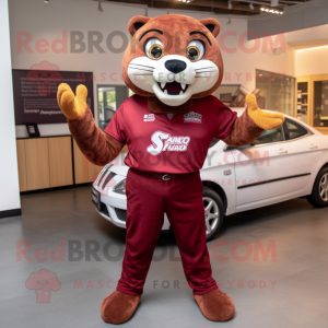 Maroon Jaguar mascot costume character dressed with a Henley Shirt and Watches