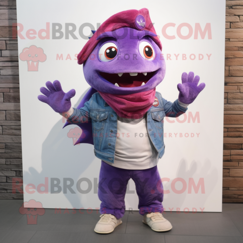 Purple Piranha mascot costume character dressed with a Flare Jeans and Scarves