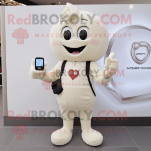 Cream Heart mascot costume character dressed with a Henley Shirt and Digital watches