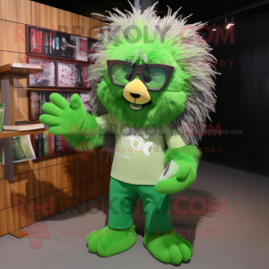 Green Porcupine mascot costume character dressed with a Flare Jeans and Reading glasses