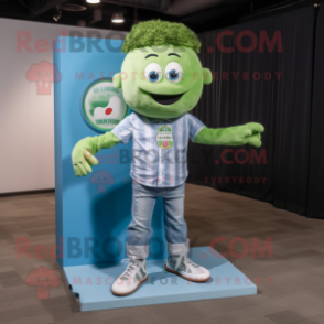 Green Soccer Goal mascot costume character dressed with a Chambray Shirt and Belts