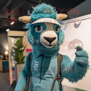 Teal Llama mascot costume character dressed with a Jumpsuit and Hats