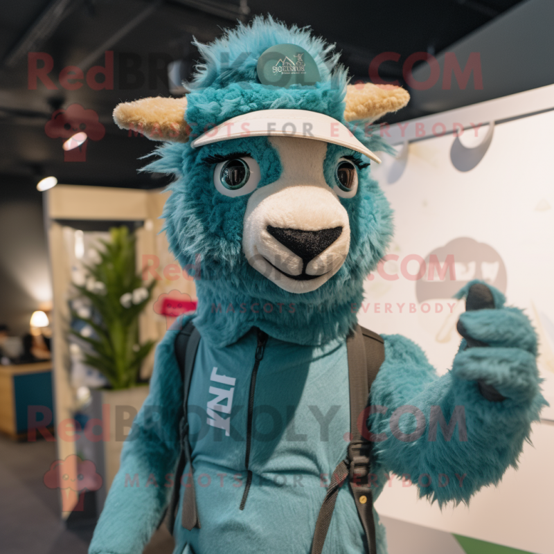 Teal Llama mascot costume character dressed with a Jumpsuit and Hats