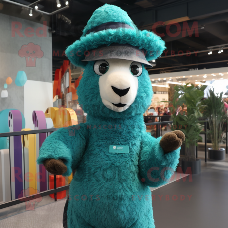 Teal Llama mascot costume character dressed with a Jumpsuit and Hats