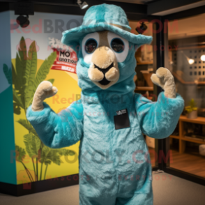 Teal Llama mascot costume character dressed with a Jumpsuit and Hats