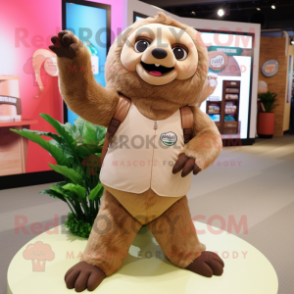 Tan Sloth mascot costume character dressed with a V-Neck Tee and Earrings