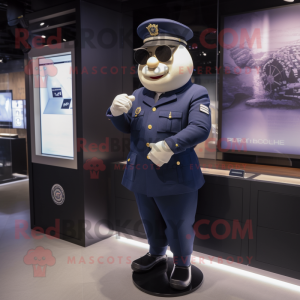 Navy Police Officer mascot costume character dressed with a Waistcoat and Smartwatches