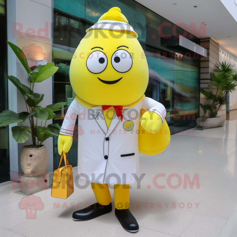 Lemon Yellow Doctor mascot costume character dressed with a Dress Pants and Clutch bags