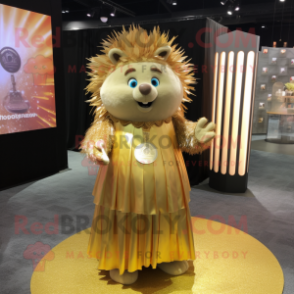 Gold Porcupine mascot costume character dressed with a Wrap Skirt and Coin purses