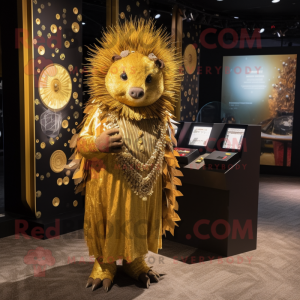 Gold Porcupine mascot costume character dressed with a Wrap Skirt and Coin purses
