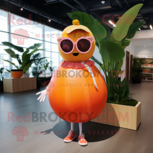 Rust Grapefruit mascot costume character dressed with a Midi Dress and Sunglasses