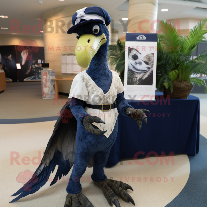 Navy Deinonychus mascot costume character dressed with a Maxi Skirt and Cummerbunds