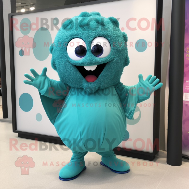 Turquoise Meatballs mascot costume character dressed with a Romper and Clutch bags