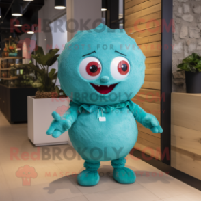 Turquoise Meatballs mascot costume character dressed with a Romper and Clutch bags