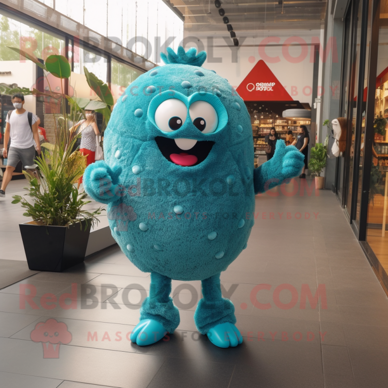 Turquoise Meatballs mascot costume character dressed with a Romper and Clutch bags