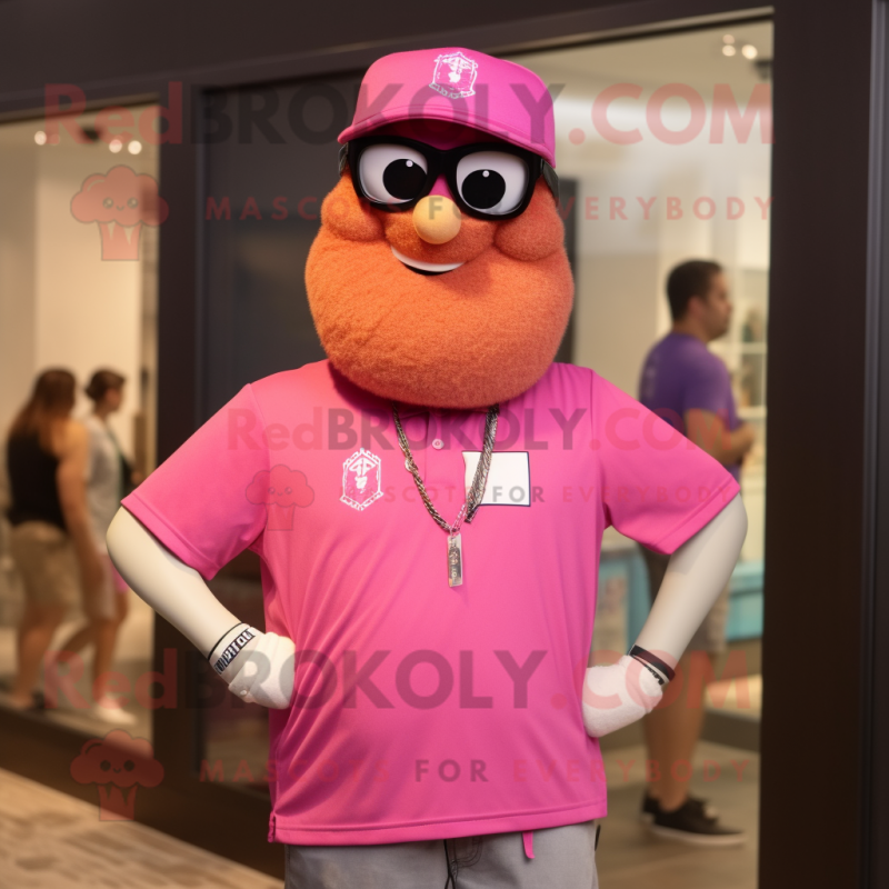 Pink Jambalaya mascot costume character dressed with a Polo Shirt and Necklaces