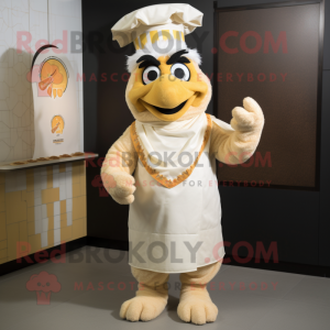 Cream Butter Chicken mascot costume character dressed with a Dungarees and Headbands