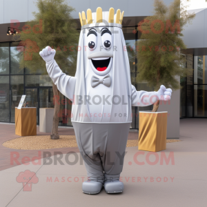 Silver French Fries mascot costume character dressed with a Suit Pants and Wraps