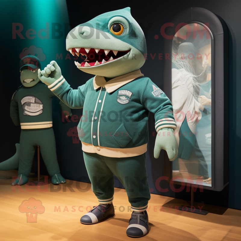 Green Megalodon mascot costume character dressed with a Sweater and Berets