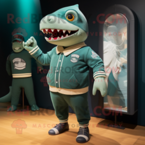 Green Megalodon mascot costume character dressed with a Sweater and Berets