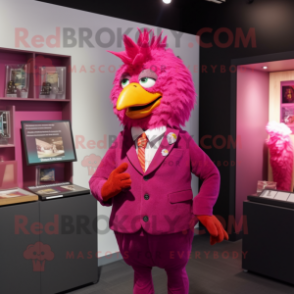 Magenta Chicken mascot costume character dressed with a Suit Jacket and Keychains