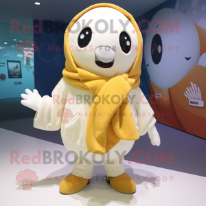 Cream Cod mascot costume character dressed with a Hoodie and Scarves