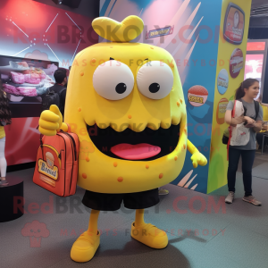 Yellow Burgers mascot costume character dressed with a V-Neck Tee and Backpacks