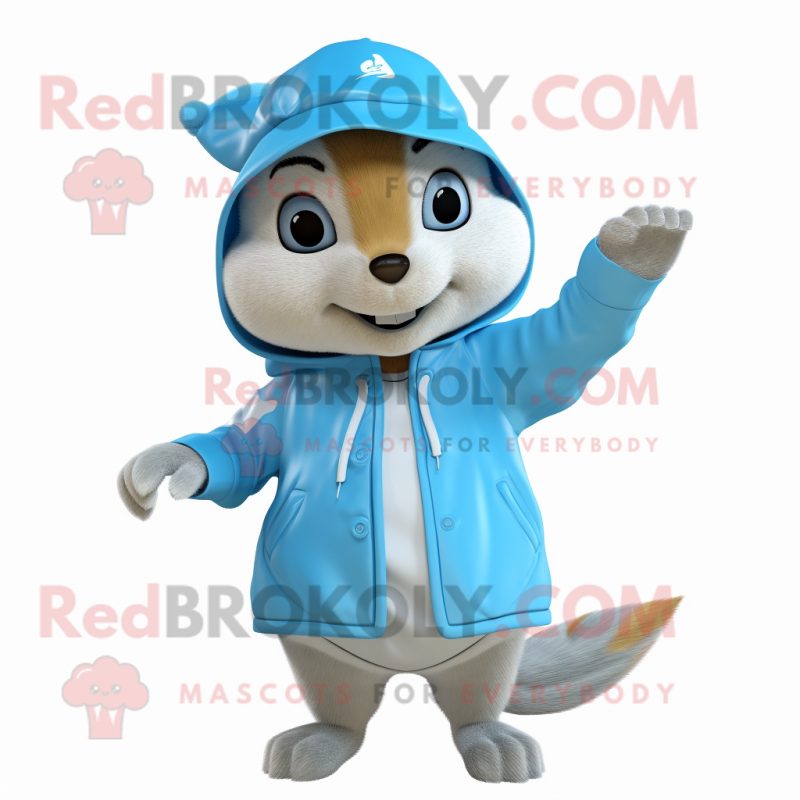 Sky Blue Chipmunk mascot costume character dressed with a Raincoat and  Beanies