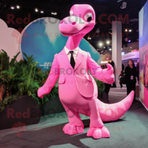 Pink Diplodocus mascot costume character dressed with a Suit Jacket and Shoe clips