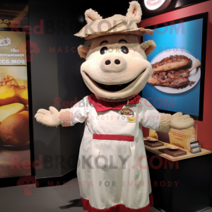 Cream Pulled Pork Sandwich mascot costume character dressed with a Blouse and Lapel pins