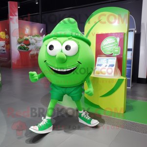 Green Candy Box mascot costume character dressed with a Running Shorts and Shoe laces