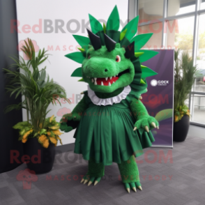 Forest Green Stegosaurus mascot costume character dressed with a Pleated Skirt and Tie pins