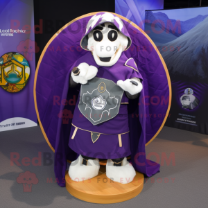 Purple Celtic Shield mascot costume character dressed with a Parka and Shawl pins
