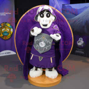 Purple Celtic Shield mascot costume character dressed with a Parka and Shawl pins