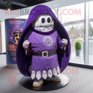 Purple Celtic Shield mascot costume character dressed with a Parka and Shawl pins