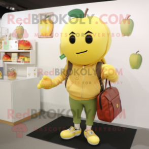 Yellow Apple mascot costume character dressed with a Sweatshirt and Wallets