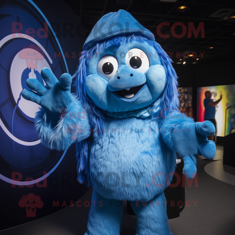 Blue Momentum mascot costume character dressed with a Playsuit and Rings