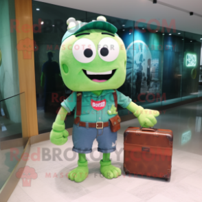 Forest Green Cod mascot costume character dressed with a Denim Shorts and Briefcases