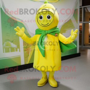 Lemon Yellow Green Beer mascot costume character dressed with a Parka and Bow ties