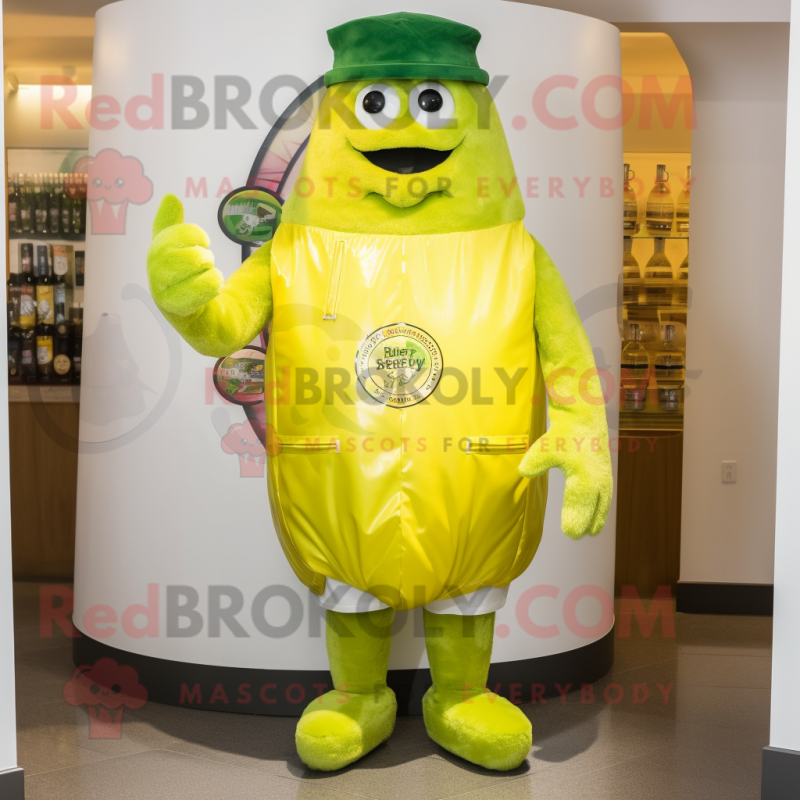 Lemon Yellow Green Beer mascot costume character dressed with a Parka and Bow ties