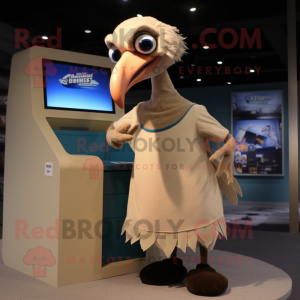 Beige Vulture mascot costume character dressed with a Tank Top and Coin purses