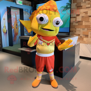 Gold Fish Tacos mascot costume character dressed with a Rash Guard and Headbands